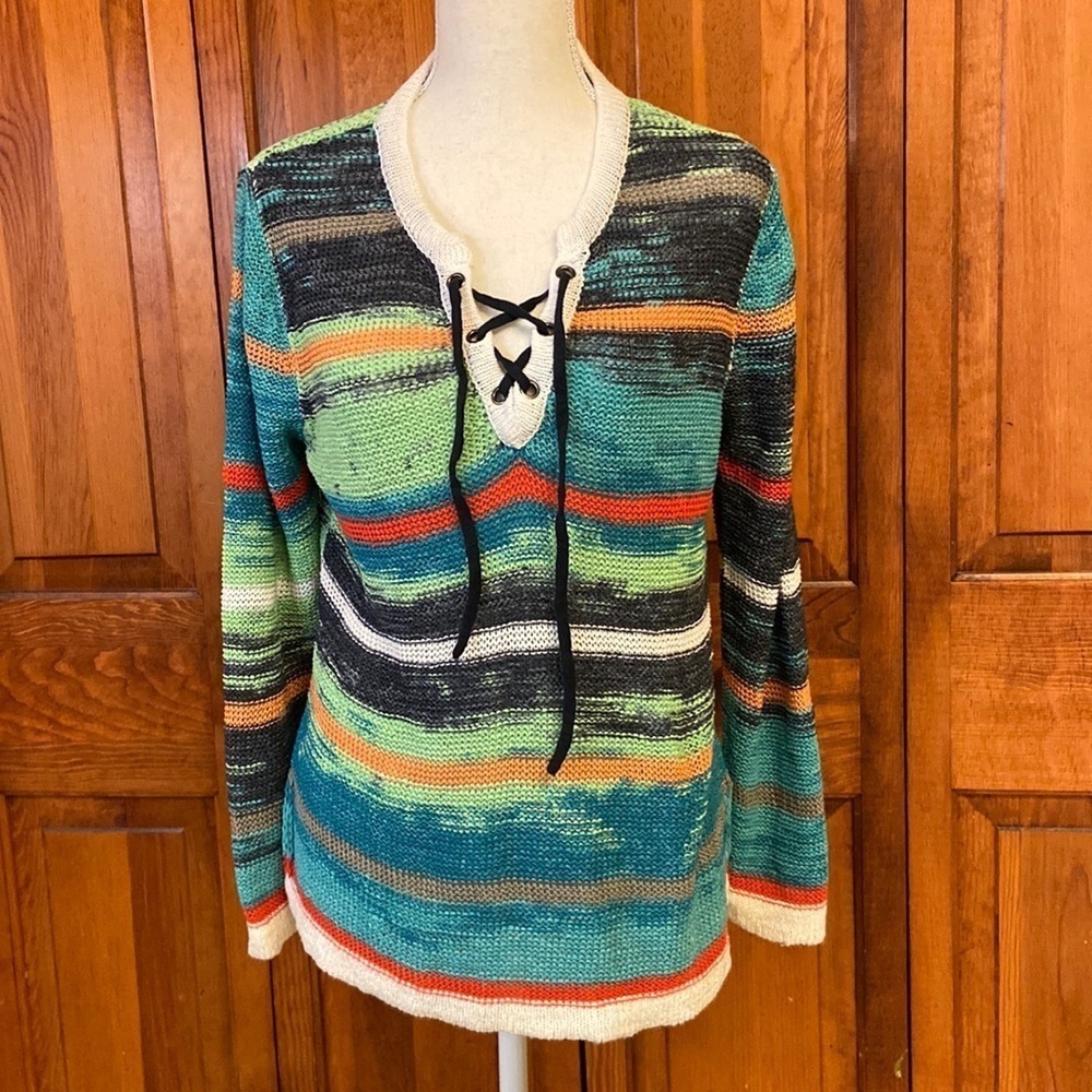 Curio New York Multicolored V-Neck Sweater Top Cotton Linen Blend. EUC Med